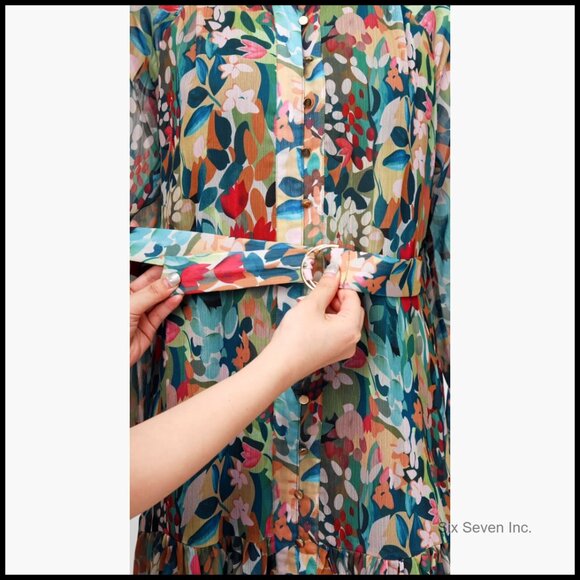 Long Sleeve Chiffon Floral Mini Dress Button Front A-Line Swing - Picture 7 of 7